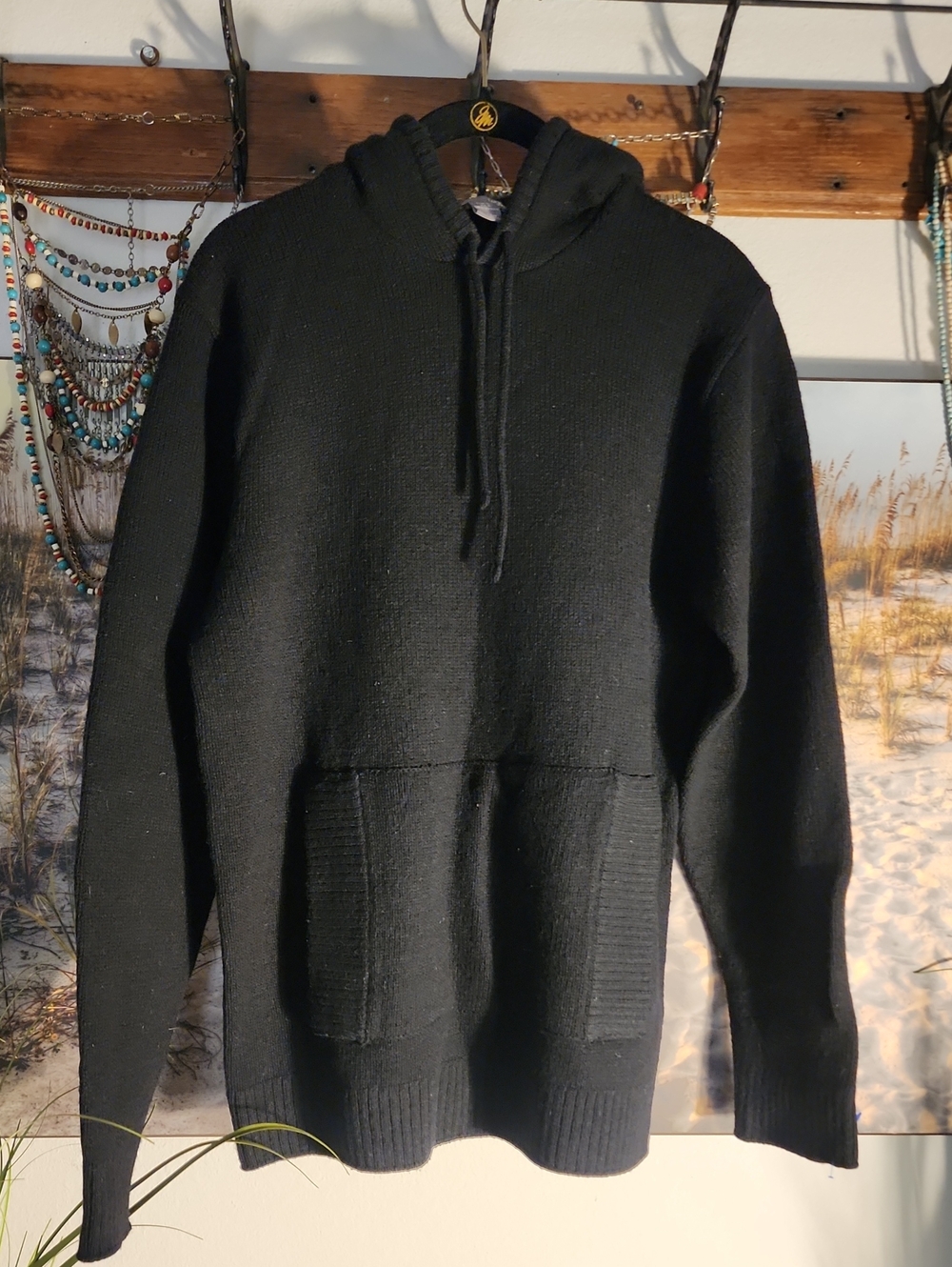 H&M Black Crewneck Lamswool Blend Sweater with Hood